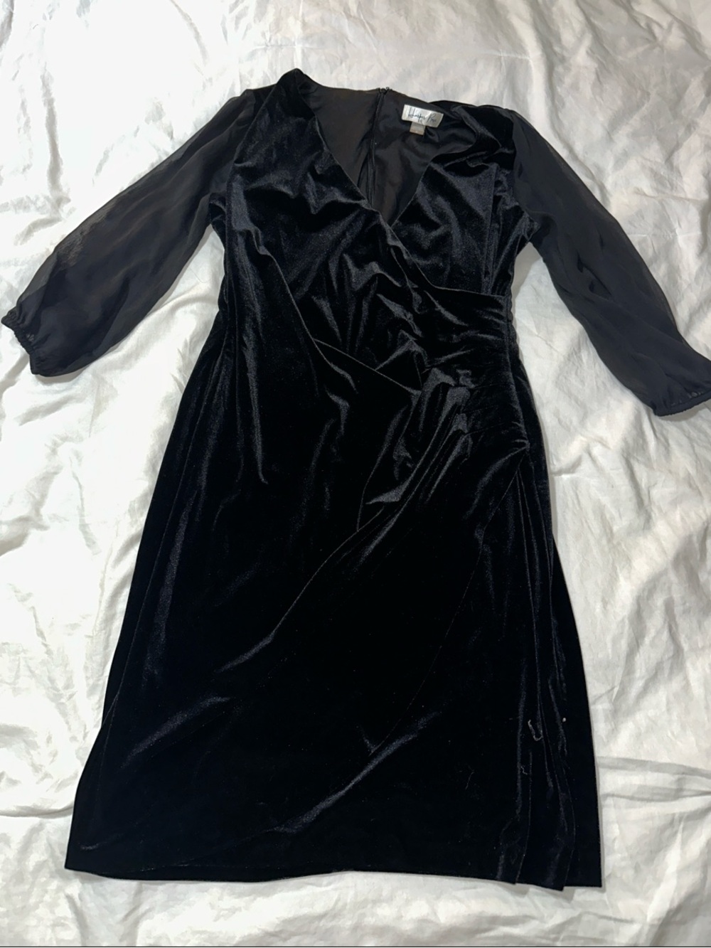 Black Velvet Wrap Midi Dress with Sheer Sleeves - Women